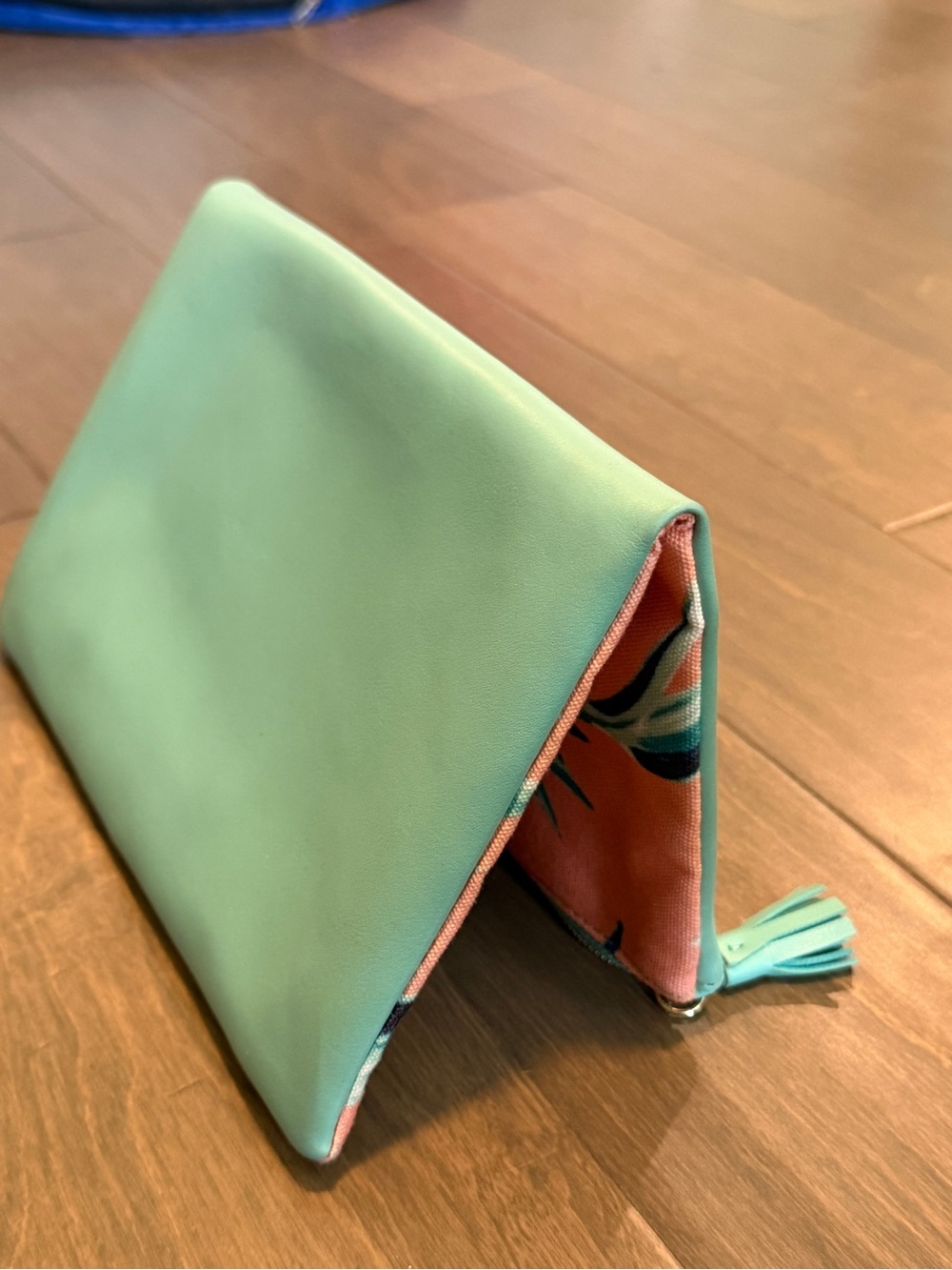 Turquoise fold over reversible clutch with Pink birds of paradise lining